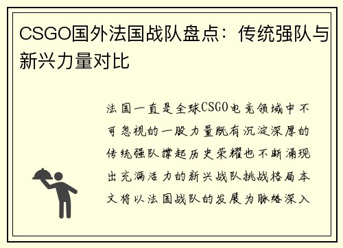 CSGO国外法国战队盘点：传统强队与新兴力量对比
